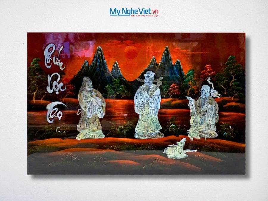 Tranh Sơn Mài Phúc Lộc Thọ Cẩn Ốc Nền Ấm 40x60cm TSM467-1
