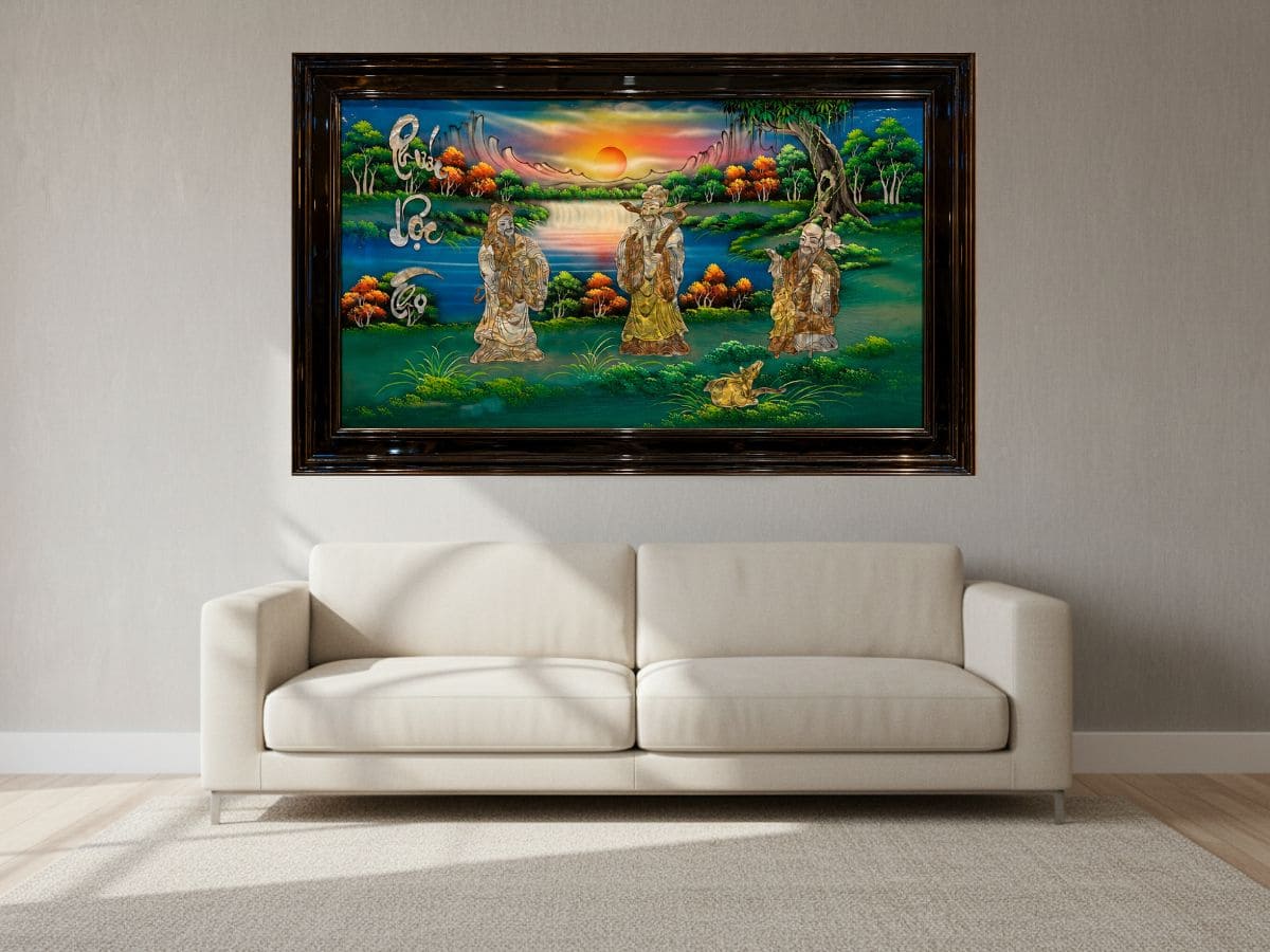 Tranh Sơn Mài Phúc Lộc Thọ Nền xanh 50x80 TSM697