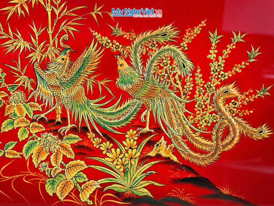 Tranh Sơn Mài Song Phượng Đắp Nổi Phù Điêu 50x80cm MNV-TSM5811