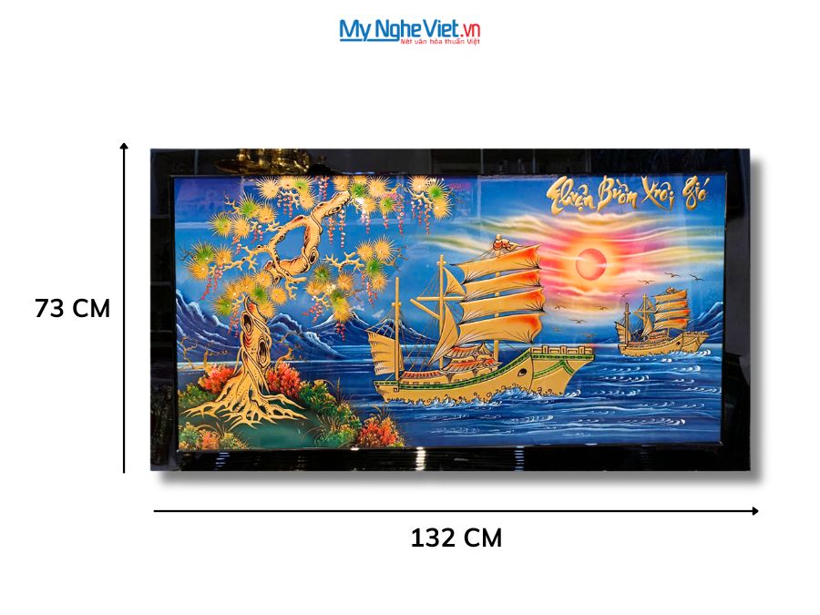 Tranh Sơn Mài Thuận Buồm Xuôi Gió Đắp Nổi Phù Điêu Nền Xanh 73x132cm TSM7139-2M