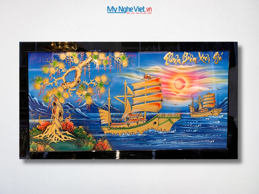 Tranh Sơn Mài Thuận Buồm Xuôi Gió Đắp Nổi Phù Điêu Nền Xanh 73x132cm TSM7139-2M