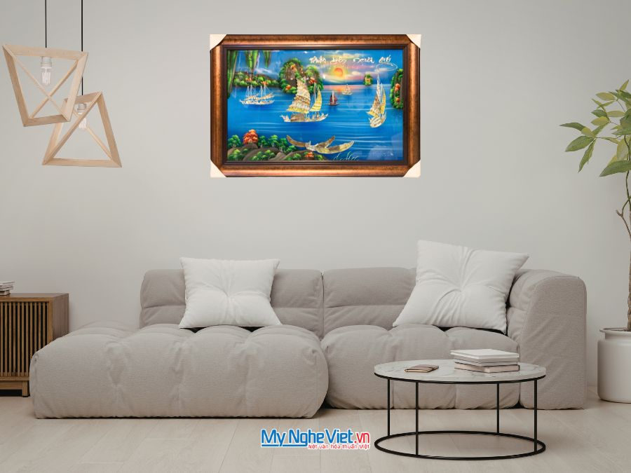Tranh Sơn Mài Thuận Buồm Xuôi Gió Cẩn Ốc Nền Xanh 60x90cm TSM699N