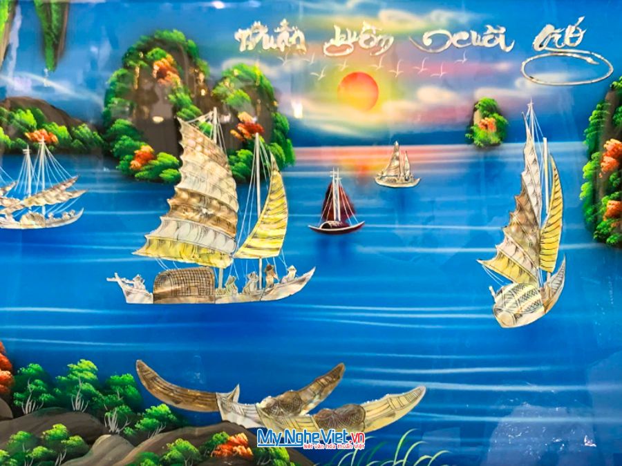 Tranh Sơn Mài Thuận Buồm Xuôi Gió Cẩn Ốc Nền Xanh 60x90cm TSM699N