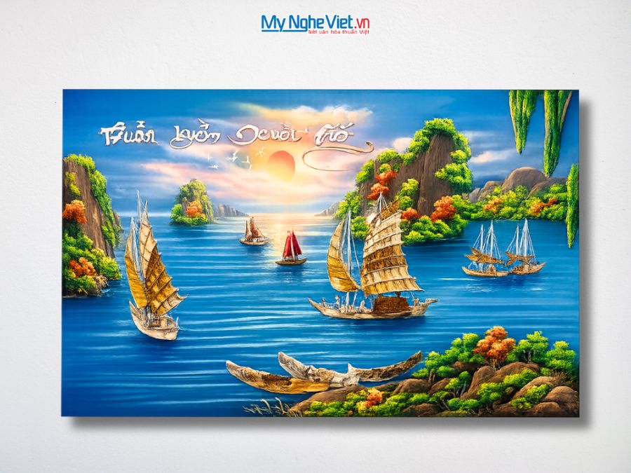 Tranh Sơn Mài Thuận Buồm Xuôi Gió Cẩn Ốc Nền Xanh 50x80cm TSM589