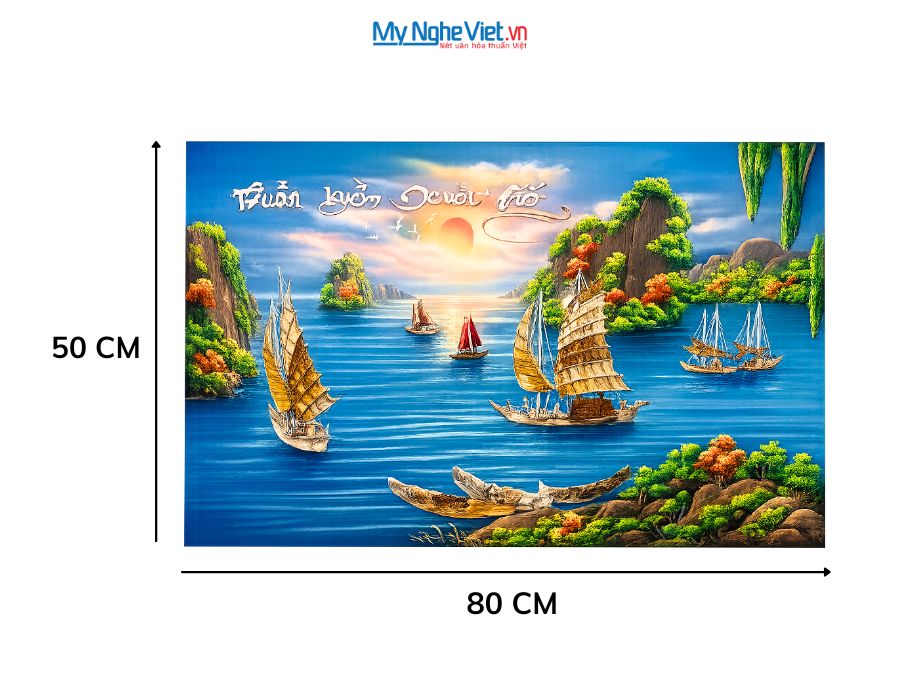 Tranh Sơn Mài Thuận Buồm Xuôi Gió Cẩn Ốc Nền Xanh 50x80cm TSM589