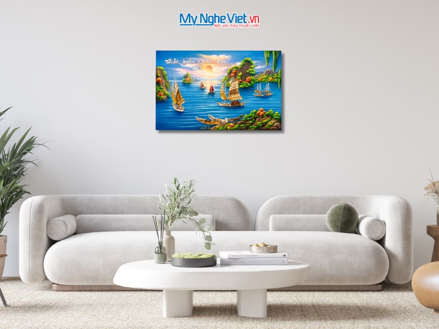 Tranh Sơn Mài Thuận Buồm Xuôi Gió Cẩn Ốc Nền Xanh 50x80cm TSM589