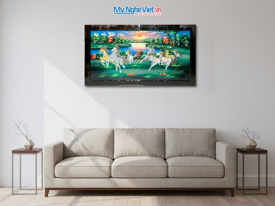 Tranh Sơn Mài Mã Đáo Thành Công Cẩn Ốc Nổi Nền Xanh 73x132cm TSM60120K-MĐX