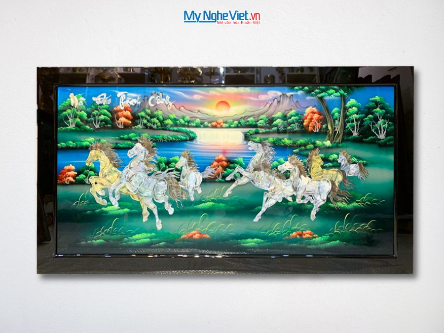 Tranh Sơn Mài Mã Đáo Thành Công Cẩn Ốc Nổi Nền Xanh 73x132cm TSM60120K-MĐX
