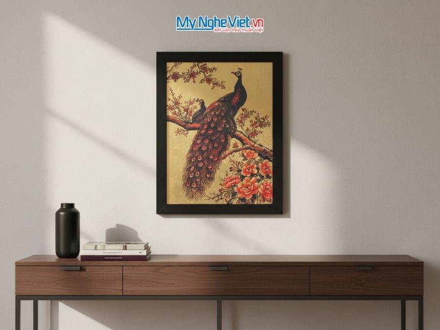 Tranh Sơn Mài Chim Công Dát Vàng 35x45cm TSM3545-1