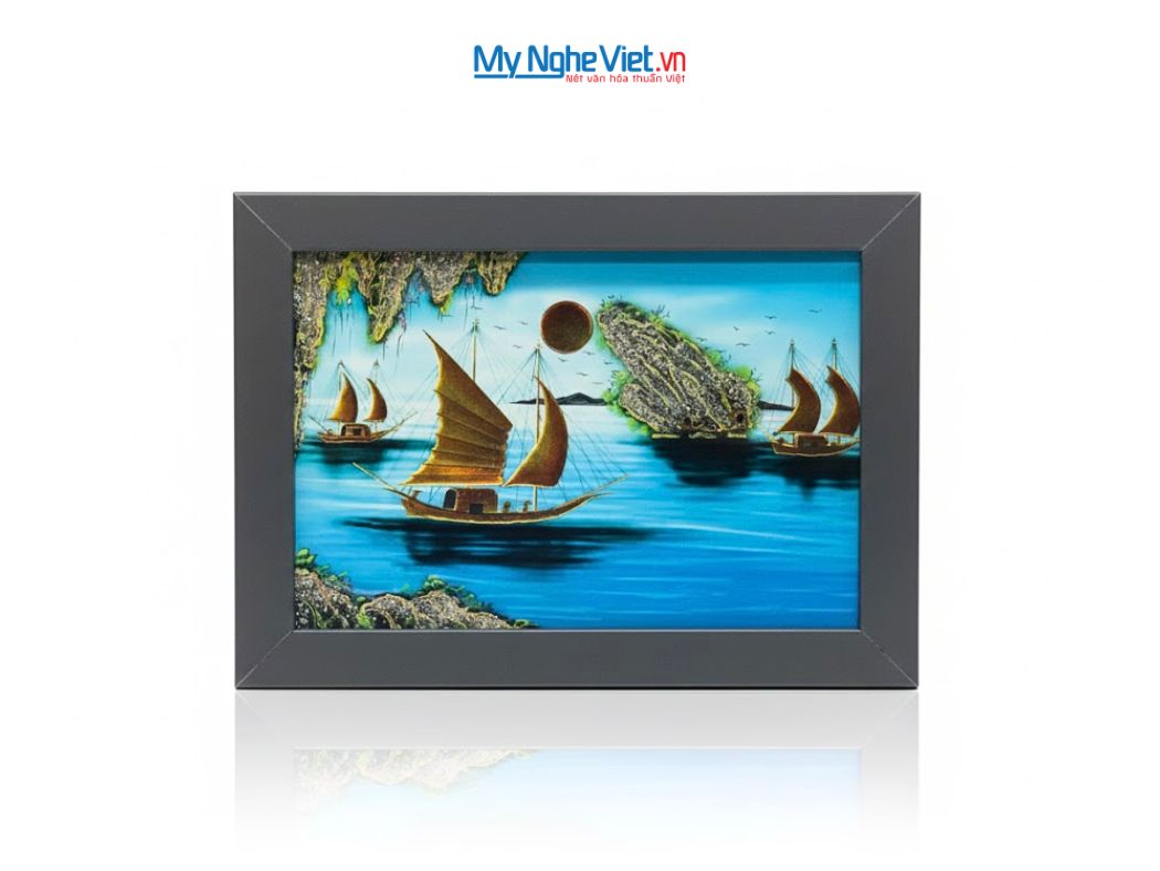Tranh Sơn Mài Vịnh Hạ Long Cẩn Trứng Nền Xanh 25x35cm tsm2535.6