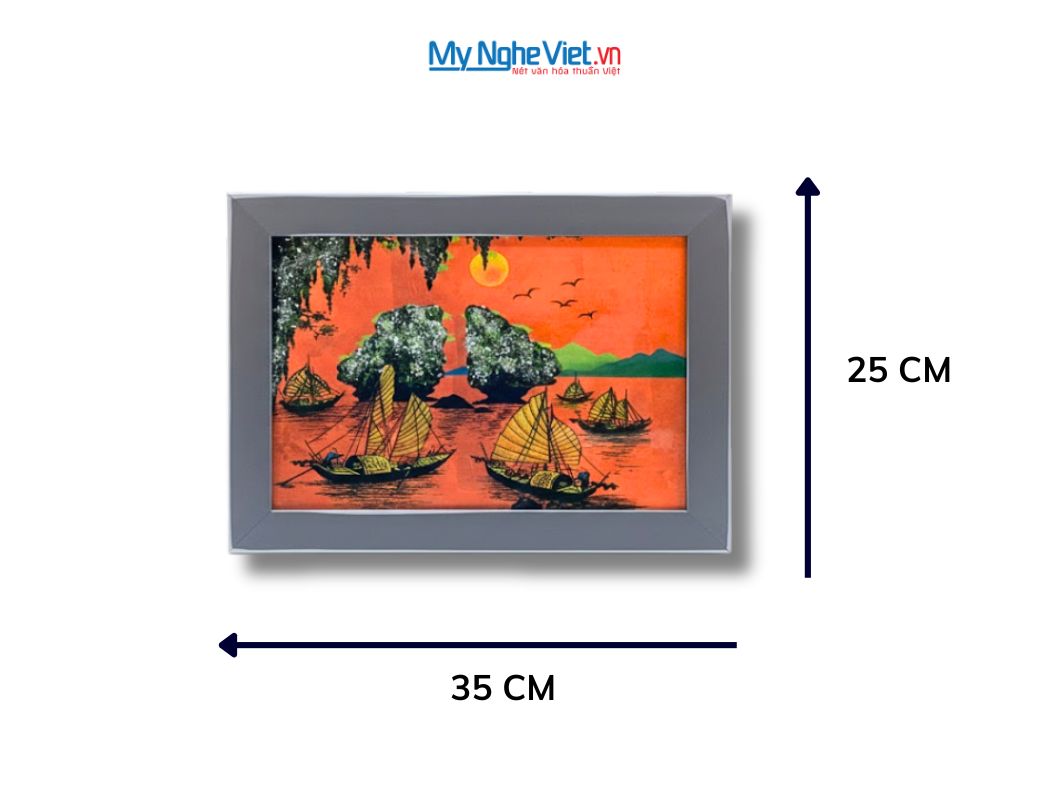 Tranh Sơn Mài Vịnh Hạ Long Dát Bạc Nền Cam 25x35cm tsm2535.7