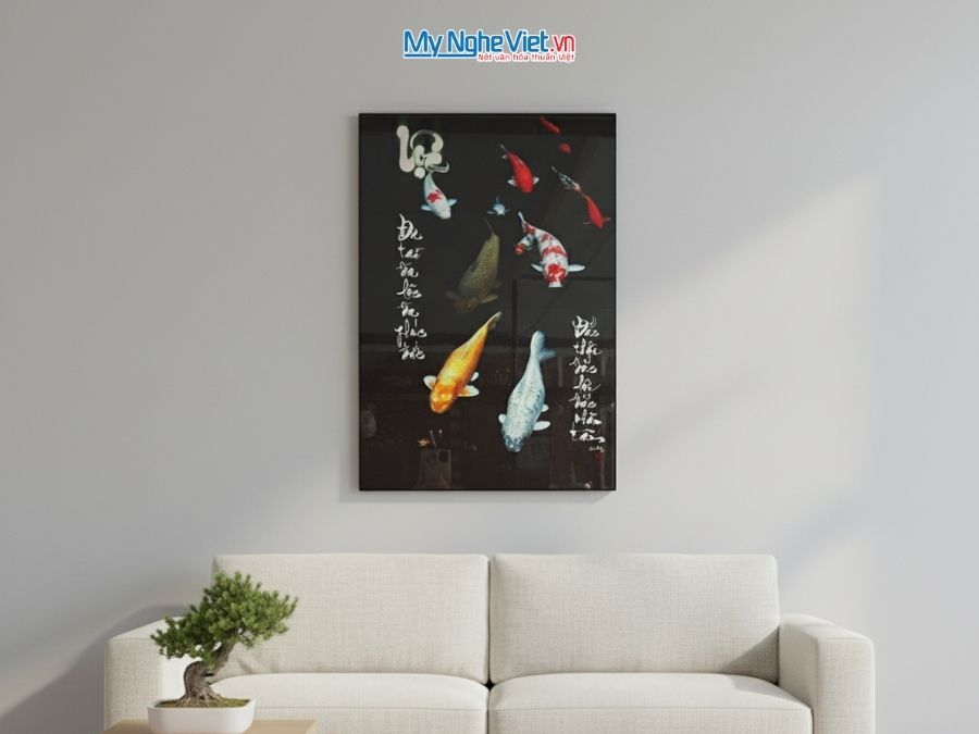 Tranh thư pháp sơn mài chữ Lộc vẽ cá Chép 40x60cm MNV-SMA301