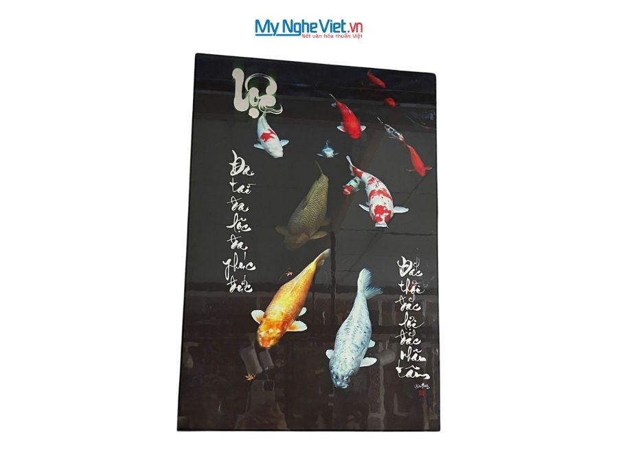Tranh thư pháp sơn mài chữ Lộc vẽ cá Chép 40x60cm MNV-SMA301