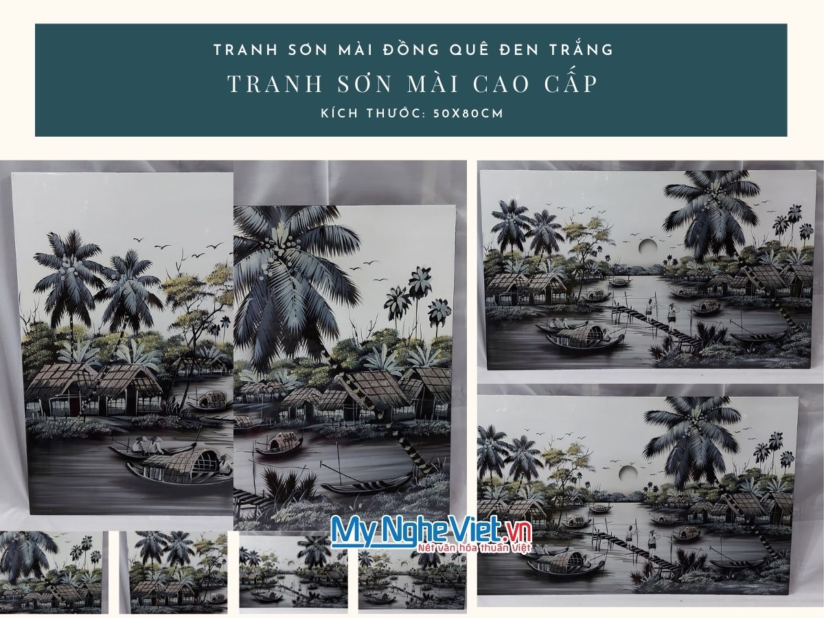 Tranh Sơn mài Đồng Quê Vẽ Cao Cấp Đen Trắng TSMCC584-3