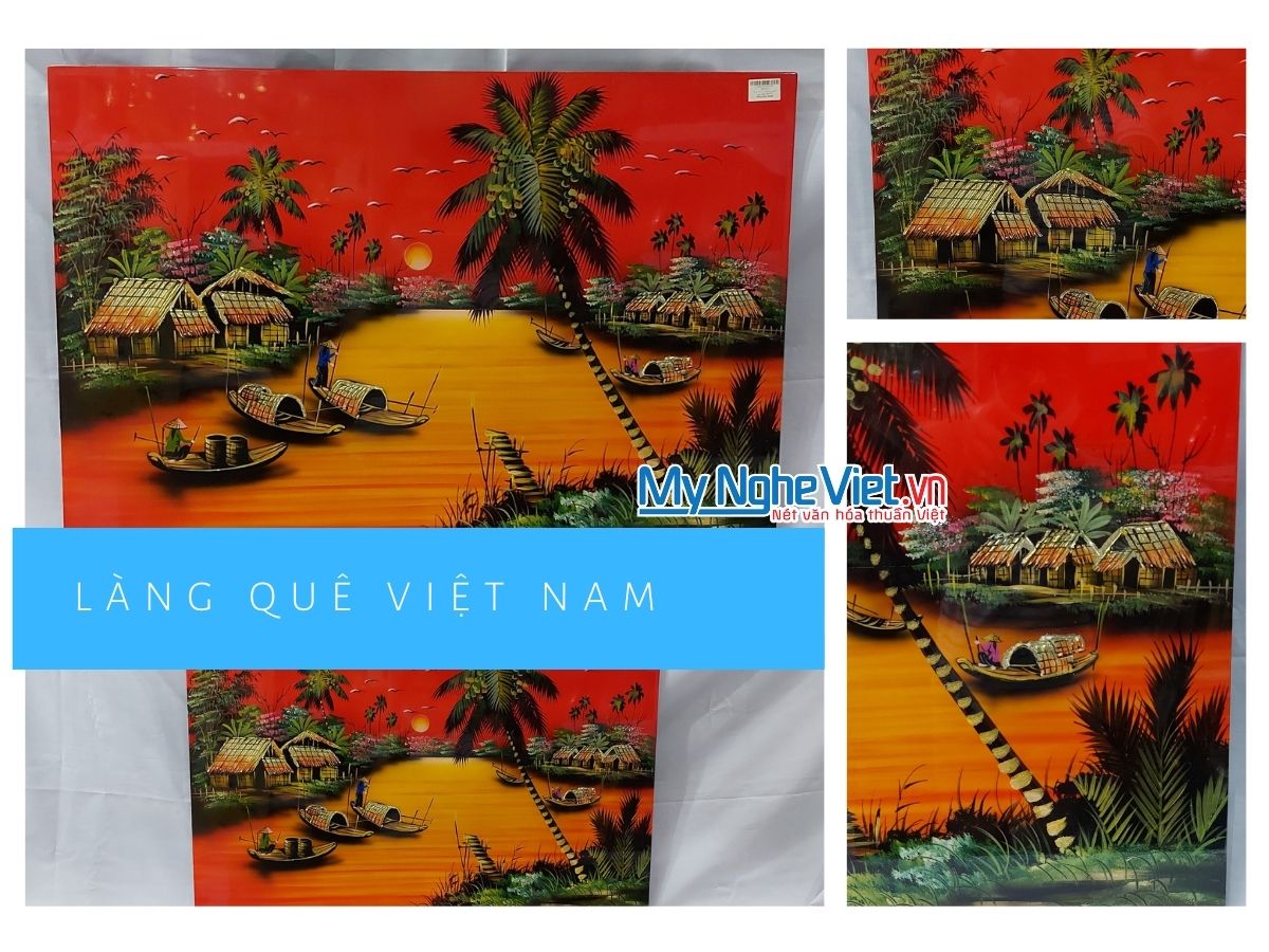 Tranh Sơn mài Đồng Quê Vẽ Cao Cấp nền đỏ cam TSMCC574-1