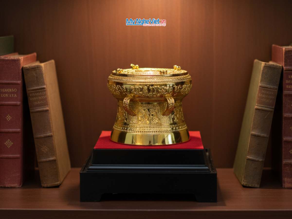 Trống đồng mạ vàng 24K D15cm - đúc mạ vàng DD28-15D