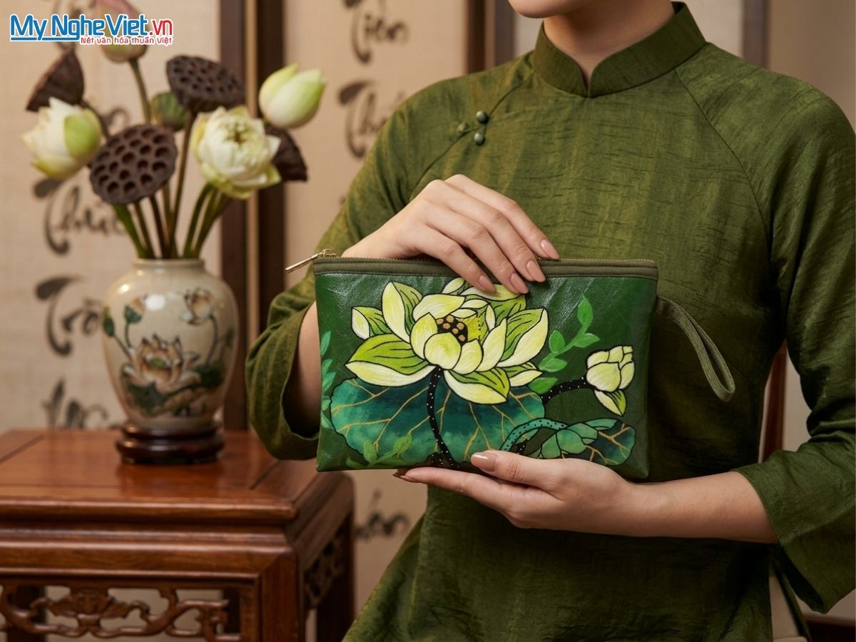 Túi Sen Nhỏ Vẽ Tay Hoa Sen Xanh Nền Xanh MNVTN04
