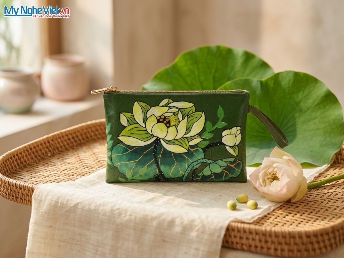 Túi Sen Nhỏ Vẽ Tay Hoa Sen Xanh Nền Xanh MNVTN04