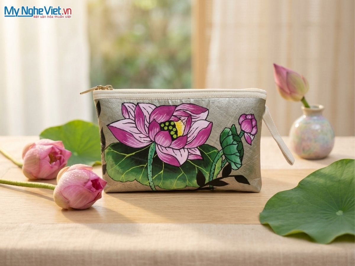 Túi Sen Nhỏ Vẽ Tay Hoa Sen Hồng Nền Bạc MNVTN05