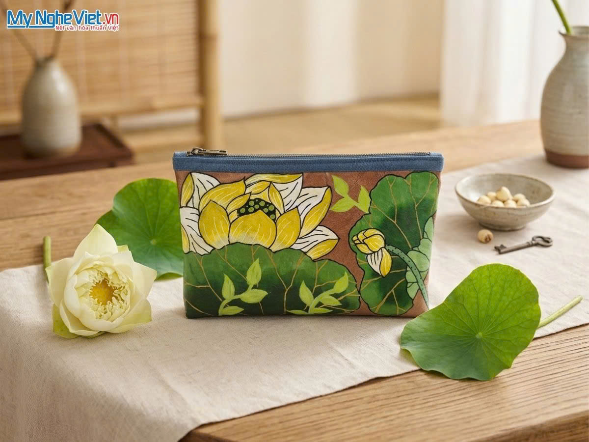 Túi Sen Nhỏ Vẽ Tay Hoa Sen Vàng Nền Đồng MNVTN08