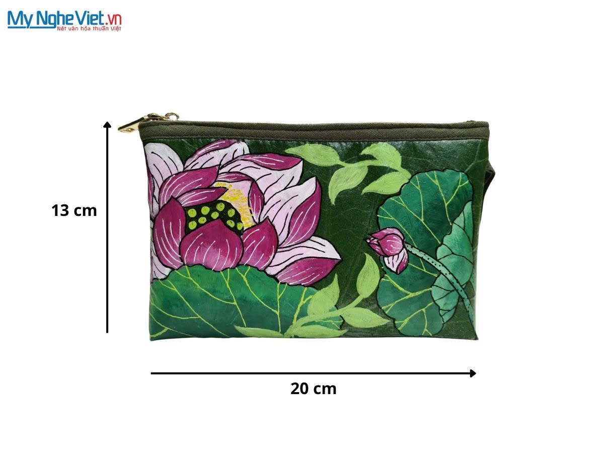 Túi Sen Nhỏ Vẽ Tay Hoa Sen Hồng Nền Xanh MNVTN07
