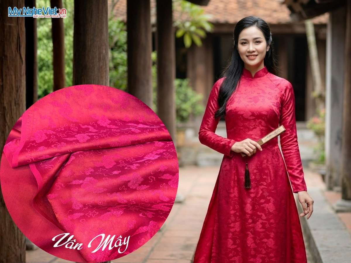 Vải Lụa Hà Đông Họa Tiết Vân Mây Màu Đỏ 70% Tơ Tằm Khổ 90cm MNV-LHD37/36-1