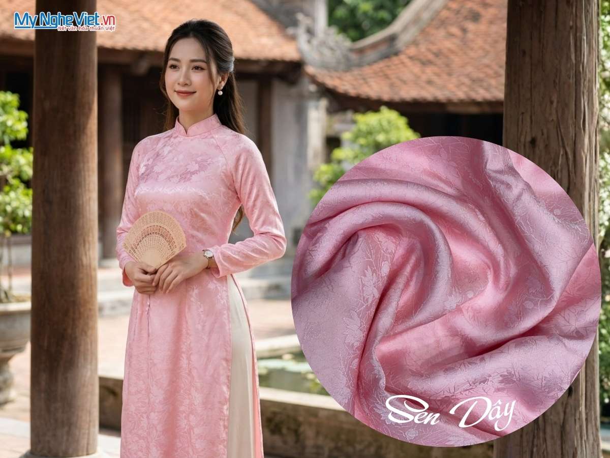 Vải Lụa Hà Đông Họa Tiết Sen Dây Màu Hồng Phấn 70% Tơ Tằm Khổ 90cm LHD215-3.7/3