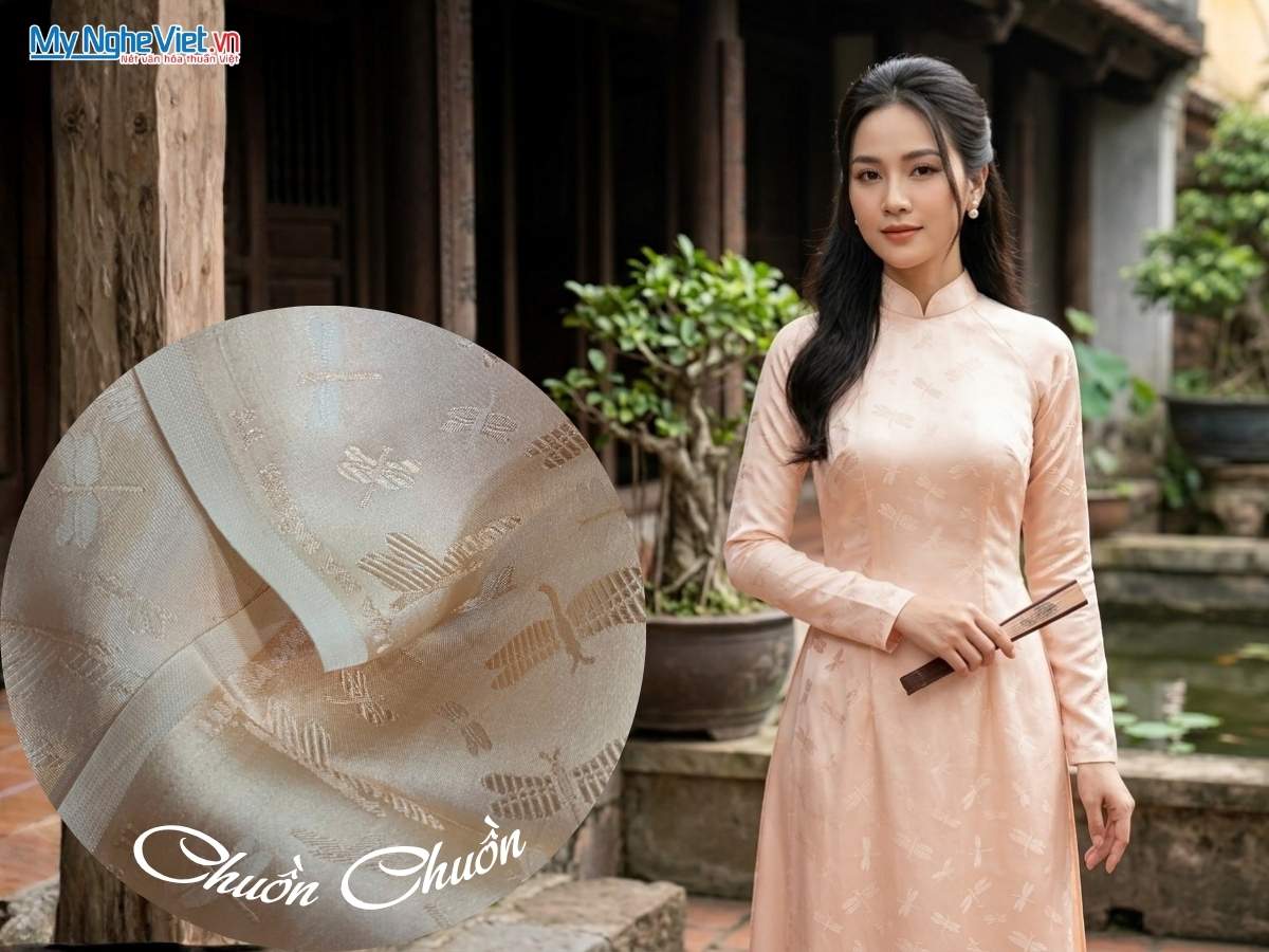 Vải Lụa Hà Đông Họa Tiết Chuồn Chuồn Màu Kem 70% Tơ Tằm Khổ 90cm MNV-LHD37/4