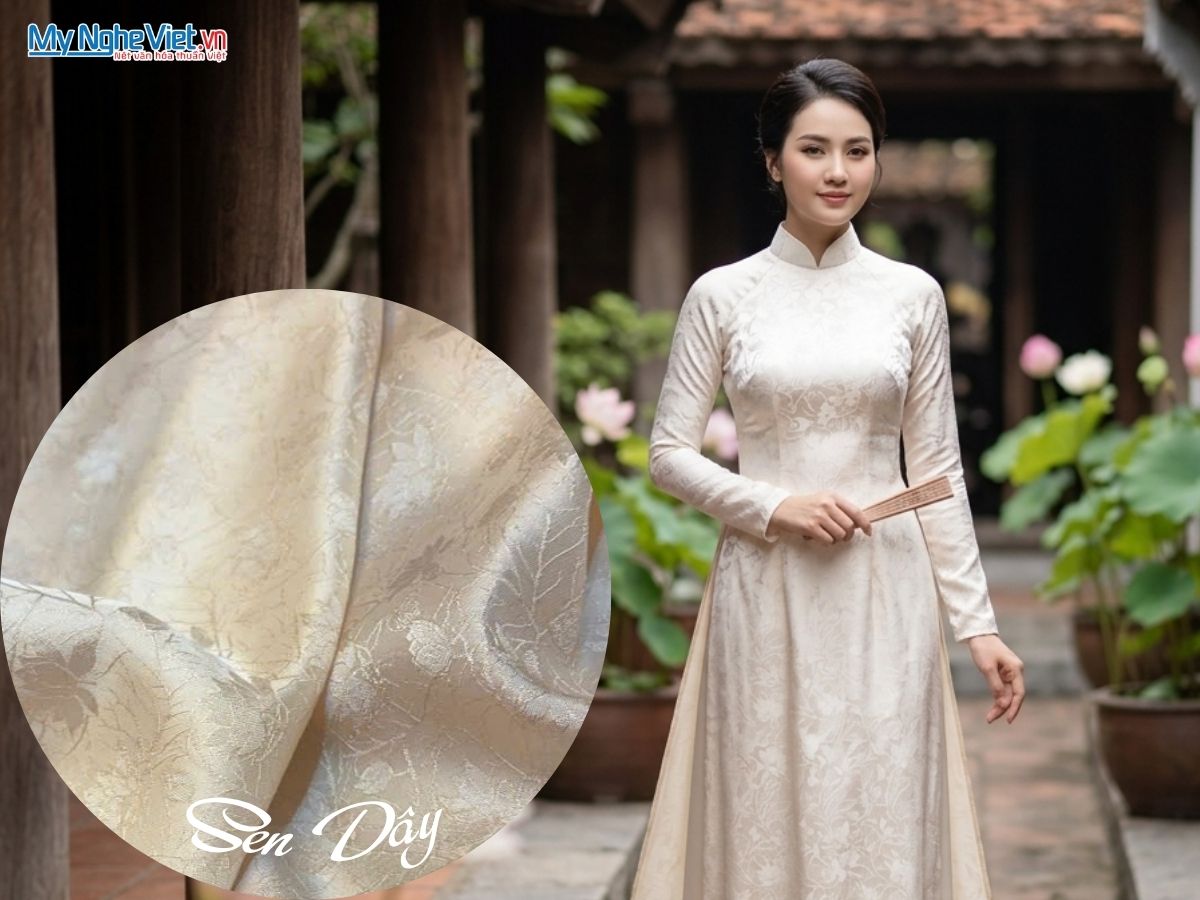 Vải Lụa Hà Đông Họa Tiết Sen Dây Màu Kem 70% Tơ Tằm Khổ 90cm MNV-LHD37/18