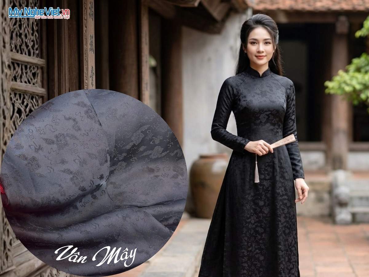 Vải Lụa Hà Đông Họa Tiết Vân Mây Màu Đen 70% Tơ Tằm Khổ 90cm MNV-LHD37/36-3