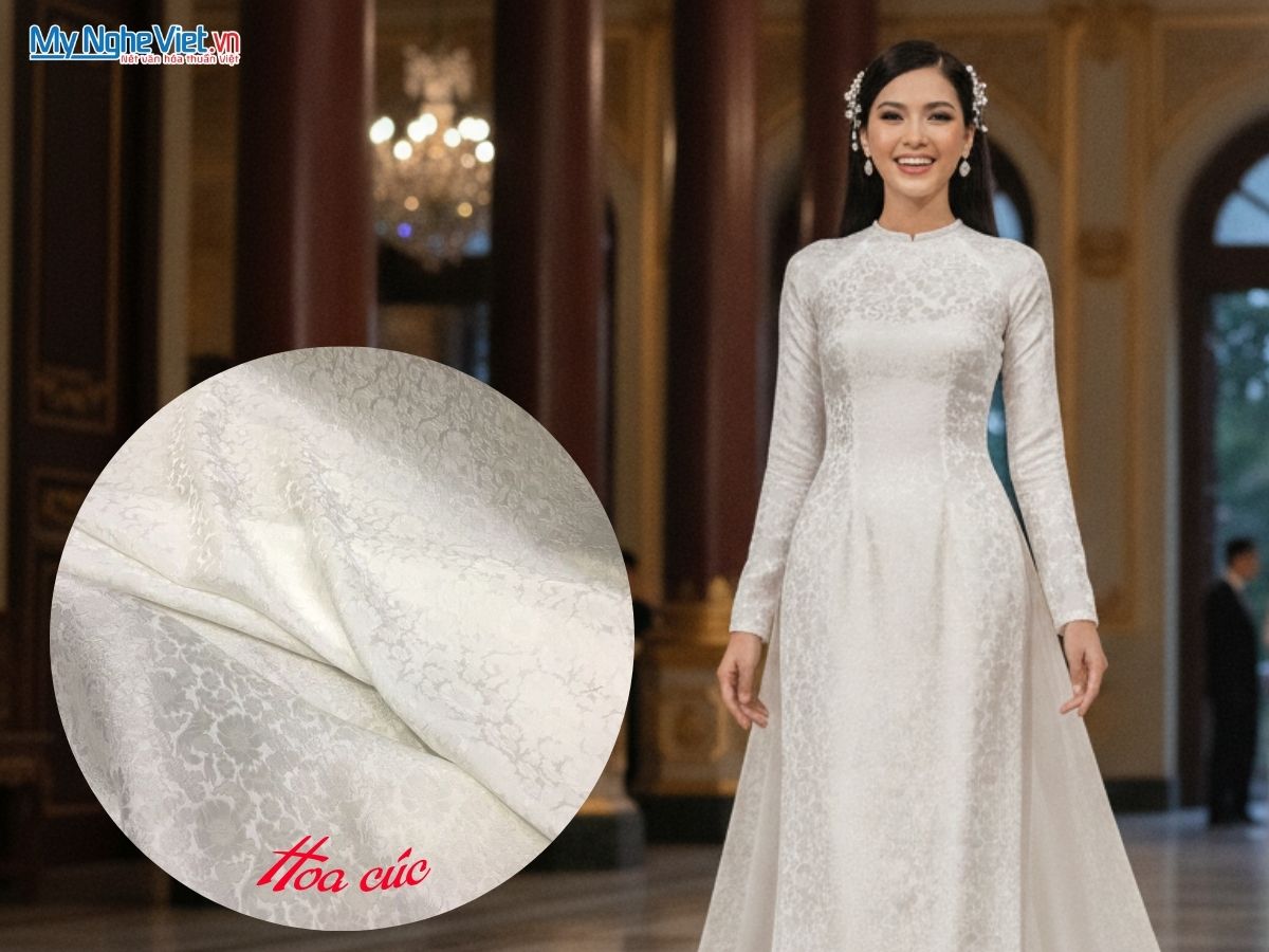 Vải Lụa Hà Đông Họa Tiết Hoa Cúc 70% Tơ Tằm Khổ 90cm MNV-LHD17-3.7