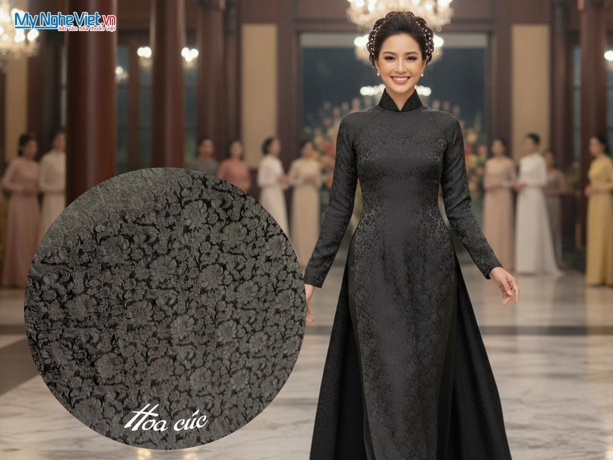 Vải Lụa Hà Đông Họa Tiết Hoa Cúc Màu Đen 70% Tơ Tằm Khổ 90cm MNV-LHDC37