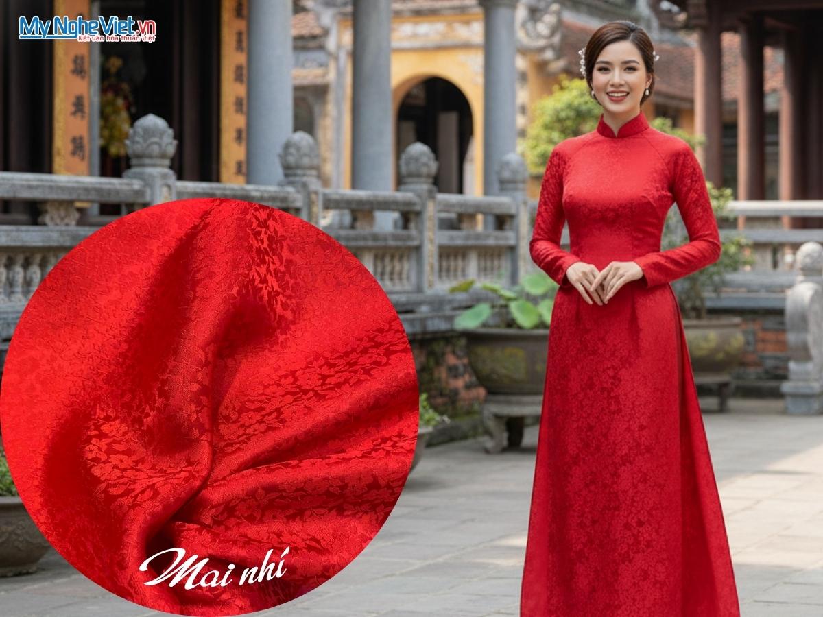 Vải Lụa Hà Đông Họa Tiết Mai Nhí Màu Đỏ 70% Tơ Tằm Khổ 90cm MNV-LHD99-3S