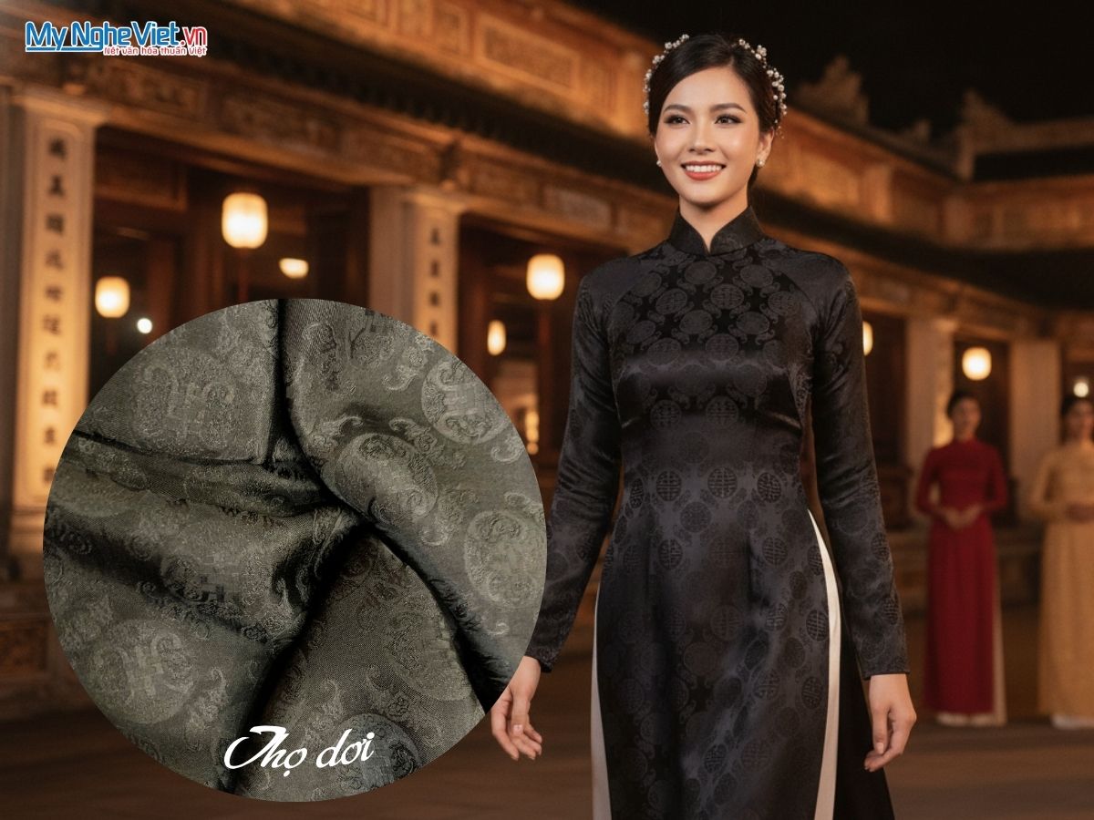 Vải Lụa Hà Đông Họa Tiết Thọ Dơi Màu Đen 70% Tơ Tằm Khổ 90cm MNVTA01
