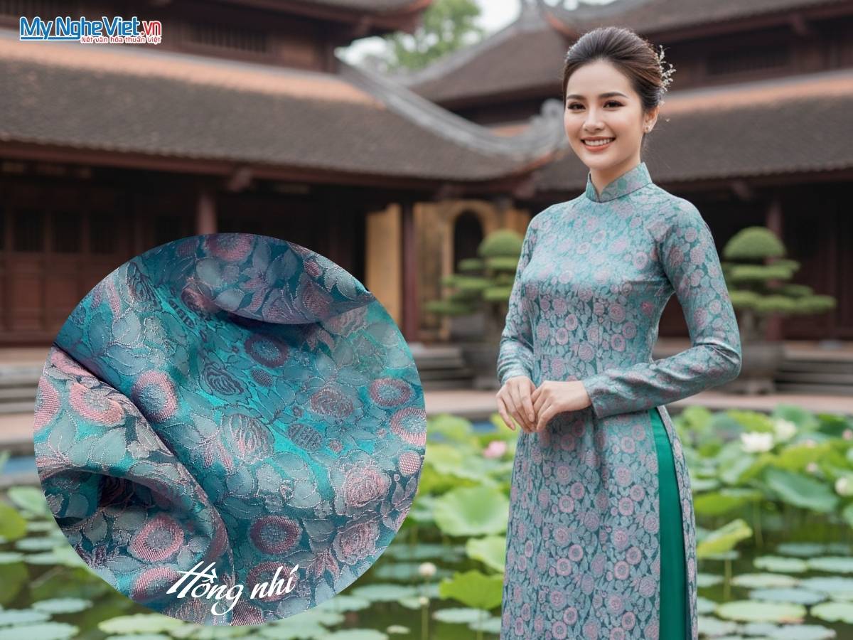 Vải Lụa Hà Đông Họa Tiết Hồng Nhí Màu Xanh Hồng 70% Tơ Tằm Khổ 90cm MNV-LNL122-1