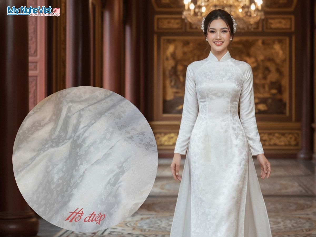 Vải Lụa Hà Đông Họa Tiết Hồ Điệp Màu Trắng 70% Tơ Tằm Khổ 90cm MNV-LHD42.2