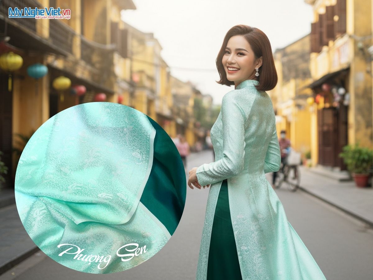 Vải Lụa Hà Đông Họa Tiết Phượng Sen Màu Xanh Mint 70% Tơ Tằm Khổ 90cm MNV-LHD37/35