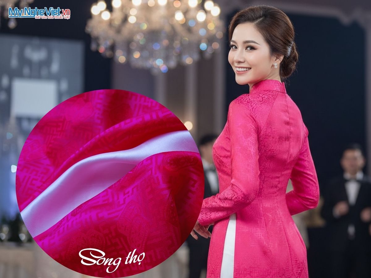 Vải Lụa Hà Đông Họa Tiết Song Thọ Màu Hồng 70% Tơ Tằm Khổ 90cm MNV-LNL130-4