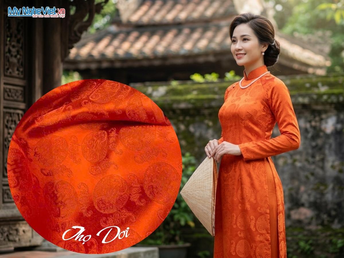 Vải Lụa Hà Đông Họa Tiết Thọ Dơi Màu Cam 70% Tơ Tằm Khổ 90cm MNV-LHD37/17
