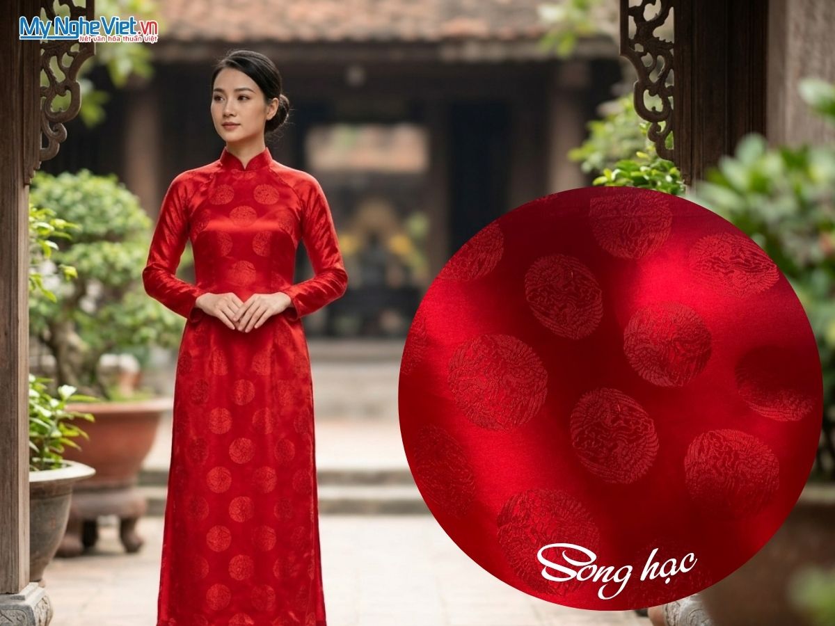 Vải Lụa Hà Đông Họa Tiết Song Hạc Màu Đỏ 70% Tơ Tằm Khổ 90cm MNV-LHD195-1