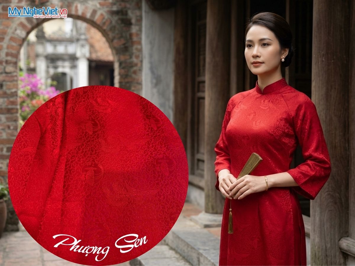 Vải Lụa Hà Đông Họa Tiết Phượng Sen Màu Đỏ 70% Tơ Tằm Khổ 90cm MNV-LHD38/1