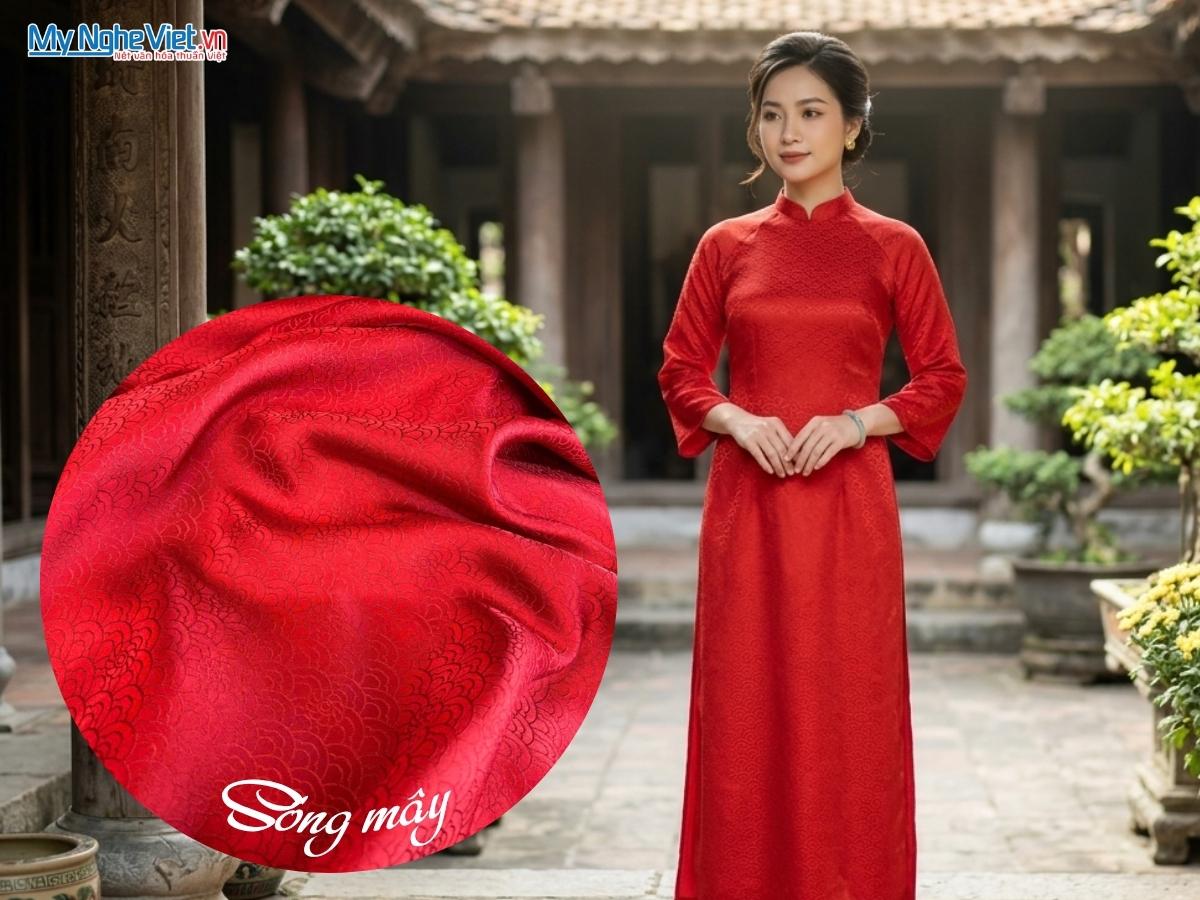 Vải Lụa Hà Đông Họa Tiết Sóng Mây Màu Đỏ Đô 70% Tơ Tằm Khổ 90cm LHD97-6.2