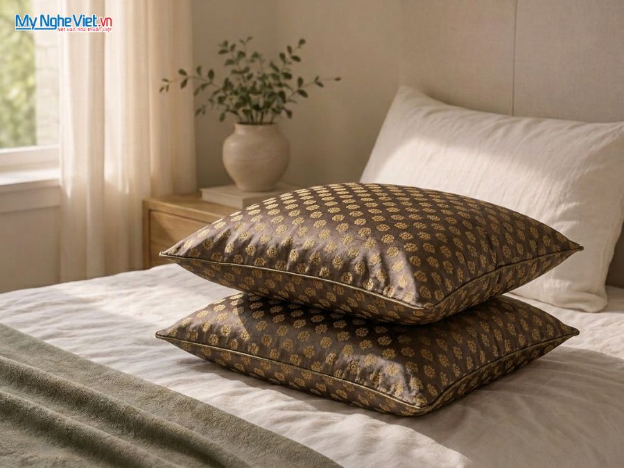 Vỏ Gối Lụa Hà Đông Họa Tiết Hoa Nhí Màu Đồng Đen LNL4040/9