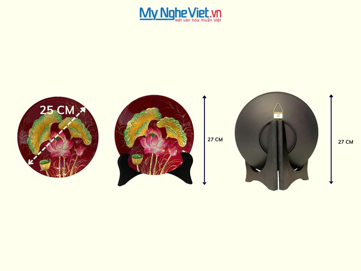 Tranh đĩa sơn mài hoa sen đắp nổi D25 (nền đỏ)